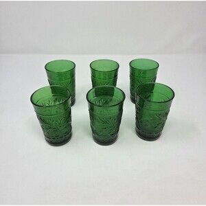 Anchor Hocking Sandwich‎ Forest Green Juice Tumblers Set 6 Vintage Pressed Glass